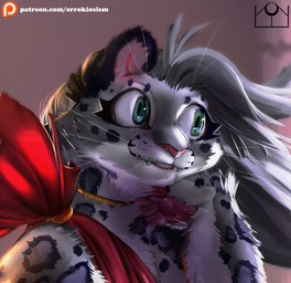 female feral fur gold_(metal) gold_jewelry green_eyes grey_body grey_fur jewelry looking_at_object markings pink_nose solo spots spotted_body spotted_fur street text errokioslem felid mammal pantherine snow_leopard hi_res portrait three-quarter_portrait url