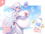 3_tails ahoge anthro areola asking asking_viewer belly big_belly big_breasts big_butt blush blush_emoticon bodily_fluids breasts butt dialogue emoticon female fur grey_body grey_fur hair holding_breast huge_breasts kemono lactating looking_aside milk multi_tail navel nipples nude pregnant pregnant_anthro pregnant_female purple_eyes question solo speech_bubble standing tail talking_to_viewer text thick_thighs white_body white_fur white_hair spellsx canid canine fox mammal english_text hi_res japanese_text