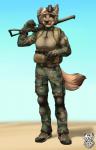 anthro armor as_val assault_rifle belt biped black_nose blue_eyes boots brown_body brown_fur brown_tail camo camo_print clothed clothing combat_boots combat_helmet day dipstick_tail female footwear fur gun headgear helmet markings multicolored_tail outside ranged_weapon rifle sand shoes sky smile solo standing tail tail_markings two_tone_tail uniform utility_belt weapon vallhound canid canine canis domestic_dog mammal full-length_portrait hi_res portrait