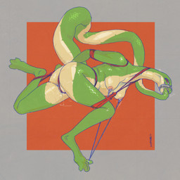 anthro arms_tied aroused bdsm bedroom_eyes bodily_fluids bondage bound breasts butt crotch_rope drooling female female_anthro genital_fluids genitals green_body green_scales grey_background hands_behind_back legs_tied lidded_eyes long_tail looking_at_viewer multicolored_body muzzle_(object) muzzled narrowed_eyes nipple_clamp nipple_clamp_pull nipple_fetish nipple_play nipples nude nude_anthro nude_female prehensile_tail pussy_floss red_background restraints rope rope_bondage saliva scales seductive simple_background solo submissive submissive_anthro submissive_female sucking tail tail_in_mouth tail_suck tan_body tape tape_muzzle two_tone_body vaginal_fluids vulva flowerdino reptile scalie snake 1:1 hi_res