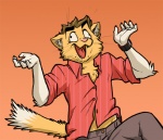 anthro brown_hair chest_tuft clothed clothing fur hair male pink_nose simple_background solo tail tuft meesh meesh_(character) domestic_cat felid feline felis mammal digital_media_(artwork)