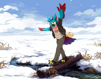 anthro beak black_claws black_clothing black_jacket black_topwear blue_body blue_feathers blue_hair blue_sky bottomwear claws clothed clothing cloud feathers glistening glistening_eyes grey_beak grey_bottomwear grey_clothing grey_pants hair happy jacket log male open_mouth open_smile outside pants pink_sky purple_body purple_feathers red_body red_feathers short_hair sky smile snow solo standing tan_clothing tan_topwear topwear unsigned water wood yellow_eyes corzh77 avian absurd_res full-length_portrait hi_res portrait