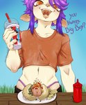 anthro beverage biped clothing colored_fingernails colored_nails crop_top dialogue erection femboy fingernails food food_fetish food_play fur genitals glans hair hot_dog humanoid_genitalia humanoid_penis ketchup lips looking_at_viewer male male_anthro milkshake mustard nails open_mouth painted_claws penis penis_hot_dog pubic_fuzz purple_hair shirt slushie star_pupils tan_body tan_fur text thong_straps topwear yellow_eyes sketchingerrror bovid caprine goat mammal digital_media_(artwork) english_text hi_res