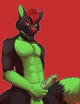 abs animal_genitalia animal_penis anthro balls canine_genitalia canine_penis collar collar_only cute_fangs dipstick_limbs dipstick_tail fangs fluffy fur genitals green_body green_fur green_penis hair hand_on_penis holding_penis humanoid_hands knot looking_at_viewer male markings nude penis red_eyes red_hair simple_background smile tail tail_markings teeth floofthefennec canid canine canis mammal absurd_res hi_res signature watermark