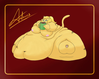 anthro belly beverage big_belly blue_eyes breasts candy chocolate container cup dessert drinking female food fur hair hot_chocolate licking love_handles morbidly_obese morbidly_obese_anthro morbidly_obese_female navel nipples obese obese_anthro obese_female overweight overweight_anthro overweight_female pawpads paws pink_nipples pink_nose ponytail sitting slim_tail solo thick_thighs tongue yellow_body yellow_fur antares_alexanyel valeria_fatcat domestic_cat felid feline felis mammal hi_res