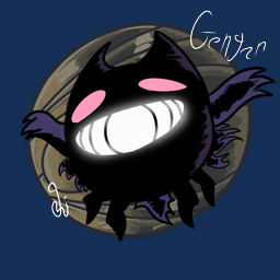 ambiguous_gender clenched_teeth empty_eyes open_mouth open_smile smile solo teeth text white_text jakobsdumpsterfyre hollow_knight_(franchise) nintendo pokemon team_cherry generation_1_pokemon gengar pokemon_(species) spirit 2026 crossover english_text hi_res signature