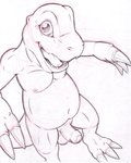 anthro balls claws genitals happy humanoid_genitalia humanoid_penis male nipples open_mouth penis sharp_teeth smile solo teeth toe_claws marc_leonhardt bandai_namco digimon agumon digimon_(species) dinosaur prehistoric_species reptile scalie monochrome