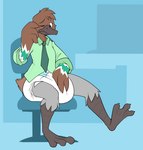 anthro avian_feet beak brown_body brown_fur chair clean_diaper clothed clothing diaper exhausted feather_hands feathers feet fur furniture grey_body grey_fur male membrane_(anatomy) office_chair talons toes wearing_diaper webbed_feet bubblepuppers anatid anseriform avian bird duck hi_res