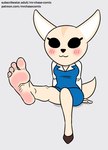 4_toes aggretsuko anthro asymmetrical_footwear barefoot blush blush_lines canid canine clothed clothing feet female fennec_fox fenneko foot_fetish foot_focus footwear fox hi_res humanoid_feet mammal mrchasecomix one_shoe_on plantigrade sanrio shoes soles solo toes true_fox