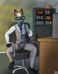 anthro barefoot beverage bookshelf carpeted_floor chair clothed clothing coffee coffee_mug desk feet furniture holding_coffee_mug male office office_chair on_chair simple_background sitting sitting_on_chair solo table tired tired_expression secretagentarc animal_crossing nintendo raymond_(animal_crossing) domestic_cat felid feline felis mammal 2024 absurd_res colored digital_drawing_(artwork) digital_media_(artwork) hi_res shaded