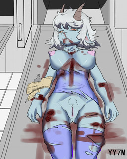 anthro areola autopsy_table blood blood_from_mouth blood_in_mouth bodily_fluids breasts clitoris clothing corpse death female female_death fur genitals gore gore_focus hair horn legwear lying morgue mostly_nude nipples nosebleed nude on_back snuff solo stab_wound stockings vulva wound_on_leg wounded feyesh bovid caprine goat mammal digital_media_(artwork) hi_res