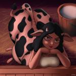 black_hair breasts breasts_and_teats clothed clothing female hair hooves horn looking_up milk milk_bucket solo teats udders dotoro_(artist) bovid bovid_taur bovine bovine_taur cattle cattle_taur humanoid mammal mammal_taur taur 1:1