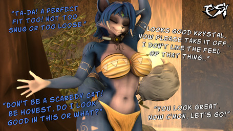 accessory anthro big_breasts blue_body blue_fur blue_hair bottomwear bra breasts clothed clothed_anthro clothed_female clothing collar dialogue eyes_closed female fluffy fluffy_tail forest fur furgonomics hair jewelry loincloth multicolored_body multicolored_fur plant ring solo tail tail_accessory tail_jewelry tail_ring talking_to_viewer text tree two_tone_body two_tone_fur underwear white_body white_fur psikokinetic warfaremachine_(modeler) nintendo star_fox krystal_(star_fox) warfare_krystal canid canine fox mammal 16:9 2024 3d_(artwork) digital_media_(artwork) english_text hi_res widescreen
