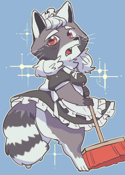 anthro barefoot blue_background bottomwear bow_ribbon breasts broom butt cleaning_tool clothed clothing cute_fangs eyelashes fangs feet female hair maid_headdress maid_uniform neck_tuft raised_bottomwear raised_clothing raised_skirt red_eyes simple_background skirt solo sparkles tail teeth tuft uniform white_hair sanjiro mammal procyonid raccoon