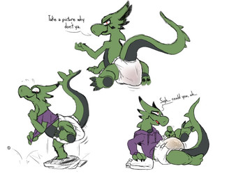 anthro black_body bodily_fluids clothed clothing clothing_pull dialogue diaper feces genital_fluids green_body hoodie lying male multicolored_body open_mouth purple_clothing purple_hoodie purple_shirt purple_topwear shirt shirt_pull simple_background soiling solo standing tail text topless topwear topwear_pull two_tone_body unclean_diaper urine used_diaper white_background poofy_dragon cj_(crackajackin) lizard reptile scalie english_text