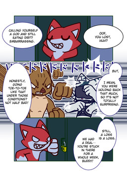 bite_gag blindfold box container dialogue gag lock male text 00freeze00 canid canine felid fox mammal pantherine suid suine sus_(pig) tiger wild_boar comic english_text hi_res
