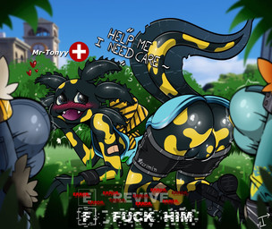 all_fours anthro anus athletic_wear backsack balls bedroom_eyes black_body black_skin blush blush_lines boots bottomwear bottomwear_down bulge butt clothed clothing external_gills fangs footwear gameplay_mechanics genitals gills gloves group gym_bottomwear handwear heart_symbol imminent_sex inviting looking_back male male/male narrowed_eyes open_mouth open_smile outside pants pants_around_thighs pants_down partially_clothed perineum presenting presenting_anus presenting_balls presenting_hindquarters pubes pubes_exposed raised_tail seductive shirt shoes smile tail tank_top teeth topwear trio yellow_body yellow_skin mrt0ony epic_games fortnite axo_(fortnite) fennix_(fortnite) polar_patroller toxo_(fortnite) amphibian aquatic axolotl canid canine fox mammal mole_salamander red_fox salamander true_fox hi_res