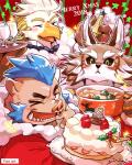 alcohol beverage black_sclera blue_hair cake champagne clothing costume countershading dessert food group hair holidays male necktie one_eye_closed santa_costume stew wink 1boshi christmas lifewonders tokyo_afterschool_summoners ganglie_(tas) seth_(tas) thunderbird_(tas) avian bird canid canine canis mammal suid suine sus_(pig) wild_boar wolf 4:5