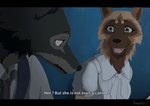 anthro black_bars brown_body brown_fur duo female fur male open_mouth teeth text tongue shalinka beastars canid canine canis mammal wolf 2020 absurd_res digital_media_(artwork) english_text hi_res