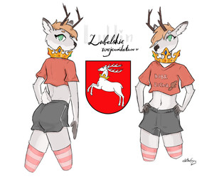 anthro bottomwear brown_hair clothing coat_of_arms crop_top crown femboy fur green_eyes hair headgear heraldry horn legwear looking_at_viewer male pattern_clothing pattern_legwear scut_tail shirt short_tail shorts solo striped_clothing striped_legwear stripes tail text thigh_highs topwear white_body white_fur ellathefoxy fan_character deer mammal hi_res meme polish_text