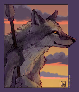 anthro brown_eyes grey_body male melee_weapon polearm solo spear sunset weapon oce canid canine canis mammal wolf 2002