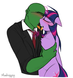 accessory bestiality blush bodily_fluids chest_tuft duo female feral green_body green_skin horn human_on_feral interspecies magic making_out male necktie red_necktie saliva simple_background telekinesis tuft madragon friendship_is_magic hasbro my_little_pony mythology anon twilight_sparkle_(mlp) equid equine human mammal mythological_creature mythological_equine unicorn hi_res