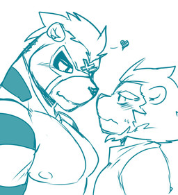 anthro blush clothed clothing duo heart_symbol male simple_background topless white_background rook_kawa bear haplorhine mammal monkey primate 2020 hi_res sketch