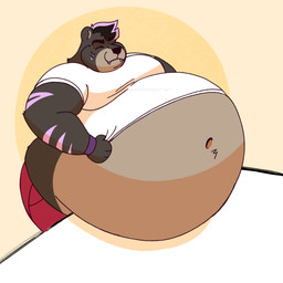 animated_gif anthro belly belly_on_table big_belly black_hair bottomwear brown_body brown_fur chubby_cheeks clothing eyes_closed fur hair huge_belly male moobs navel obese obese_anthro obese_male overweight overweight_anthro overweight_male pants pink_stripes red_bottomwear red_clothing red_pants shirt simple_background small_shirt solo stripes teeth thick_thighs tight_clothing topwear white_clothing white_shirt white_topwear wobbling_belly wwwonderpuff torkuma_tigburr bear felid hybrid mammal pantherine tiger animated hi_res short_playtime