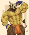 abs anthro barazoku biceps big_muscles bodily_fluids bone bottomwear clothing ear_piercing flexing flexing_bicep fur genital_outline horn loincloth looking_at_viewer male muscular muscular_anthro muscular_male muscular_thighs navel nipple_piercing nipple_ring nipples nude pecs piercing pose ring_piercing scar serratus simple_background skull skull_head solo standing triceps vein veiny_muscles wolfblack43 european_mythology greek_mythology mythology the_legend_of_pipi minotaur_(the_legend_of_pipi) bovid bovine human humanoid mammal minotaur digital_media_(artwork) hi_res