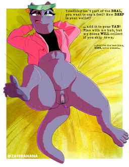 5_toes anthro barefoot bed belly bodily_fluids bottomless brown_eyes clothed clothing dialogue eyewear feet female fur furniture genitals glasses green_eyes grey_body grey_fur heterochromia humanoid_feet looking_at_viewer lying on_back on_bed plantigrade prostitution purple_body soles solo spread_legs spreading sweat talking_to_viewer text thick_thighs toes vulva zaffbanana brand_new_animal studio_trigger marie_itami mammal mink mustelid musteline true_musteline weasel absurd_res cel_shading english_text hi_res shaded
