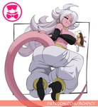 andoid_21 big_butt black_sclera boots breasts butt clothed clothing dessert eclair female food footwear hair high_heeled_boots high_heels logo pastry pink_body pink_skin red_eyes shoes solo tail text white_hair schpicy dragon_ball dragon_ball_fighterz majin_android_21 humanoid majin 2022 artist_logo url