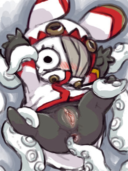 anthro anus bandage bandaged_eye biped black_body blush bodily_fluids bottomless bottomless_anthro bottomless_female clitoral_hood clitoris clothed clothing coat female genitals high-angle_view hooded_cloak imminent_sex inner_labia lying on_back plantigrade restrained restrained_arms restrained_by_tentacles restrained_legs short short_anthro short_female simple_eyes solo spread_anus spread_legs spread_vulva spreading suckers tears tentacles tentacles_around_arms tentacles_around_legs topwear vulva white_clothing white_topwear diru ratatan pyokorappa_(ratatan) lagomorph leporid mammal rabbit 3:4 digital_drawing_(artwork) digital_media_(artwork) hi_res