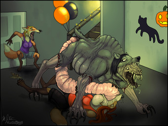 anthro balloon black_hair blonde_hair bottle breasts broken_bottle cat_decoration clothing container death decoration female gore grotesque group hair holidays horrified inflatable inside lying male neck_bulge nightmare_fuel on_back open_mouth oral oral_penetration penetration short_tail stairs tail teeth trio what oddbird halloween canid canine fox mammal monster 2014 4:3