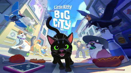 ambiguous_gender black_body black_fur city city_background collar drumstick_(food) electronics feral food fur hot_dog lock machine milk painting_(object) paws phone play_bow road running solo spiked_collar spikes text whiskers yangyexin little_kitty_big_city big_potato_(lkbc) crow_(lkbc) felix_(lkbc) little_kitty_(lkbc) posca_(lkbc) taffy_(lkbc) tanuki_(lkbc) avian bird canid canine domestic_cat felid feline felis human mammal raccoon_dog robot scottish_fold tanuki 2025 absurd_res english_text hi_res official_art shaded