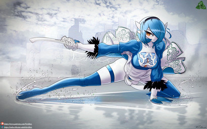 absolute_territory barely_visible_underwear blue_clothing blue_hair breasts city city_background cleavage cleavage_cutout clothed clothing cutout female female_humanoid fighting_pose footwear hair high_heels logo medium_breasts panties panty_peek panty_shot partially_visible_underwear pose shoes solo spread_legs spreading text thick_thighs underwear terithes nier_automata nintendo platinumgames pokemon yorha_2b gardevoir generation_3_pokemon humanoid pokemon_(species) artist_logo artist_name