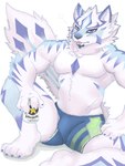 alcohol anthro beer beverage blep blue_eyes bottomwear bulge canid canine canis clothing domestic_dog drinking fur lifewonders live_a_hero male mammal multicolored_body multicolored_fur muscular muscular_anthro muscular_male oresamaookami pecs sadayoshi shorts solo tongue tongue_out white_body white_fur