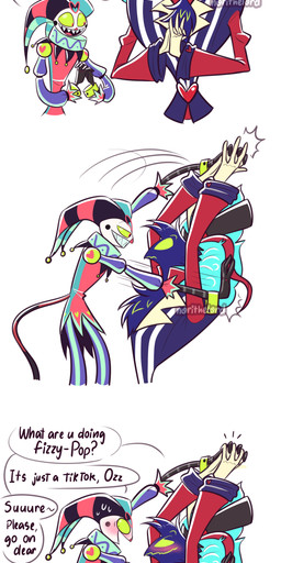 3_panel_comic anthro bedroom_eyes blue_body blue_feathers blush bodily_fluids broad_shoulders clothed clothing constricted_pupils cybernetic_arm cybernetic_limb cybernetics dialogue duo embarrassed empty_eyes extended_arm eye_contact feather_hair feathers fluffy fluffy_chest fool's_hat green_sclera grin hand_holding hat headgear headwear heart_symbol jester_outfit looking_at_another machine male male/male multicolored_clothing narrowed_eyes nervous open_clothing open_shirt open_topwear pinned pinned_to_wall pseudo_hair pupils red_eyes red_sleeves seductive sharp_teeth shirt simple_background small_pupils small_waist smile speech_bubble sweat tail teeth text top_hat topwear white_background white_face norithelord hellaverse helluva_boss tiktok asmodeus_(helluva_boss) fizzarolli_(helluva_boss) avian avian_demon cyborg demon humanoid imp 2022 absurd_res artist_name comic english_description english_text hi_res watermark