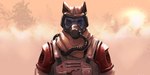 anthro blood blood_splatter bodily_fluids burning clothing embers fire gas_mask hose jumpsuit kerchief looking_at_viewer male mask shoulder_pads solo suit topwear vest visor marsonaut burnt_earth beol canid canine canis mammal wolf 2022