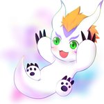 ambiguous_gender blush claws green_eyes hair lying markings mohawk on_back open_mouth orange_hair purple_markings smile solo white_body toruu bandai_namco digimon digimon_(species) gomamon mammal marine pinniped 1:1 absurd_res hi_res