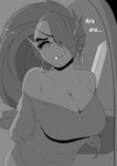 ara_ara big_breasts breasts cleavage clothed clothing dialogue ear_frill ear_piercing ear_ring eye_patch eyewear fangs female frill_(anatomy) hair hands_behind_back long_hair looking_at_viewer markings mature_female membrane_(anatomy) membranous_frill mole_(marking) piercing ring_piercing smile smug solo standing talking_to_viewer teeth haaru undertale undertale_(series) undyne fish marine digital_media_(artwork) greyscale hi_res monochrome