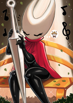 bench black_body bottomless cloak clothed clothing eyes_closed female leaf music musical_instrument musical_note musical_symbol plant red_cloak red_clothing shrub sitting solo string_instrument symbol text thought_bubble tonywelt hollow_knight:_silksong hollow_knight_(franchise) team_cherry hornet_(hollow_knight) sherma_(hollow_knight:_silksong) arthropod absurd_res artist_name hi_res