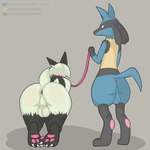 all_fours anthro anus backsack balls bdsm blush body_blush butt butt_blush chastity_cage chastity_device claws digitigrade duo feral genitals holding_leash holding_object leash male male/male pawpads paws petplay rear_view roleplay simple_background onesaucydragon nintendo pokemon generation_4_pokemon generation_9_pokemon lucario meowscarada pokemon_(species) 1:1 absurd_res hi_res