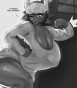 animal_ears big_breasts black_hair bodily_fluids bowl breasts cleavage clothed clothing container dark_body dark_skin dialogue eyelashes eyewear female floppy_ears glasses grey_background grey_hair grey_horn hair holding_bowl holding_container holding_object horizontal_pupils horn huge_breasts inverted_nipples lop_ears markings mole_(marking) mole_on_breast mole_under_mouth nipple_outline nipples one_eye_closed open_mouth pupils rectangular_glasses red_eyes short_hair simple_background solo sweat sweatdrop text thick_thighs translucent translucent_clothing translucent_topwear wide_hips cherr_yred demon demon_humanoid horned_humanoid humanoid absurd_res hi_res