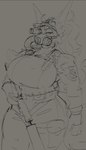 anthro big_breasts breasts clothed clothing female gas_mask gun holding_gun holding_object holding_ranged_weapon holding_weapon mask ranged_weapon silencer solo standing thick_thighs weapon wearing_hat wearing_mask wetsuit duase rasa_(duase) canid canine canis mammal wolf 2023 4:7 monochrome sketch