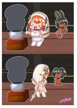 apron apron_only border breasts butt chibi choker cleavage clothed clothing collar duo female floppy_ears jewelry legwear mostly_nude necklace nipples nude nun sad sitting sneaking stockings white_border nightlycatgirl final_fantasy final_fantasy_xiv square_enix animal_humanoid au_ra humanoid lagomorph lagomorph_humanoid mammal mammal_humanoid scalie scalie_humanoid viera absurd_res comic hi_res