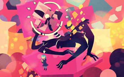 abstract_background ambiguous_gender anthro black_body black_fur blue_hair clothing cursor duo fur hair headless larger_anthro male multi_limb robe size_difference shane_frost canid canine fox human mammal monster hi_res