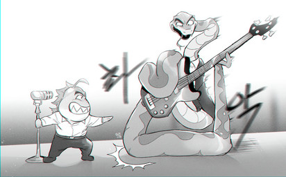 anthro bass_guitar clothed clothing duo electronics feral guitar male microphone microphone_stand musical_instrument playing_music plucked_string_instrument scales sharp_teeth simple_background string_instrument suit teeth boli64760785 dreamworks the_bad_guys mr._piranha_(the_bad_guys) mr._snake_(the_bad_guys) aquatic characiform fish piranha_(fish) reptile scalie serrasalmid snake black_and_white monochrome