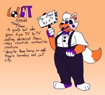 ambiguous_gender anthro bow_tie clothing dress_shirt ear_piercing lipstick machine makeup piercing sharp_teeth shirt sign solo suspenders tail teeth text topwear felineflustered five_nights_at_freddy's five_nights_at_freddy's_world scottgames lolbit_(fnaf) animatronic canid canine fox mammal robot english_text model_sheet nonbinary_(lore)