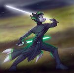 3_tails anthro clothed clothing dual_wielding green_lightsaber holding_object holding_weapon jedi lightsaber male melee_weapon multi_tail solo tail weapon white_lightsaber rexwind star_wars canid canine canis mammal wolf digital_media_(artwork)