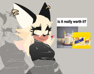 anthro blonde_hair bodysuit breasts brown_body brown_fur clothed clothing directional_arrow ear_piercing eyelashes eyeliner eyeshadow female fur hair looking_at_viewer makeup milk piercing simple_background skinsuit smile solo text tight_clothing yellow_eyes caprimesun_(artist) nesquik nestle domestic_cat felid feline felis mammal lineless shaded simple_shading sketch